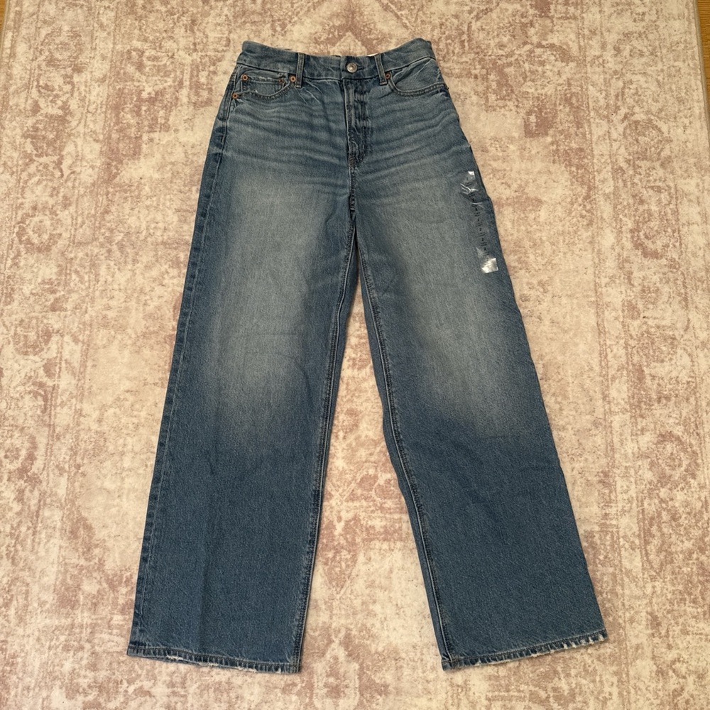 Blue Wide Leg Flare Jeans with Vintage Wash